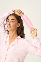 Happy Hour Wine Glass Print 3-Piece PJ Set | PJ Salvage women's wine glass print pj set in pink - button up long sleeve top, straight leg pants, and matching eye mask 