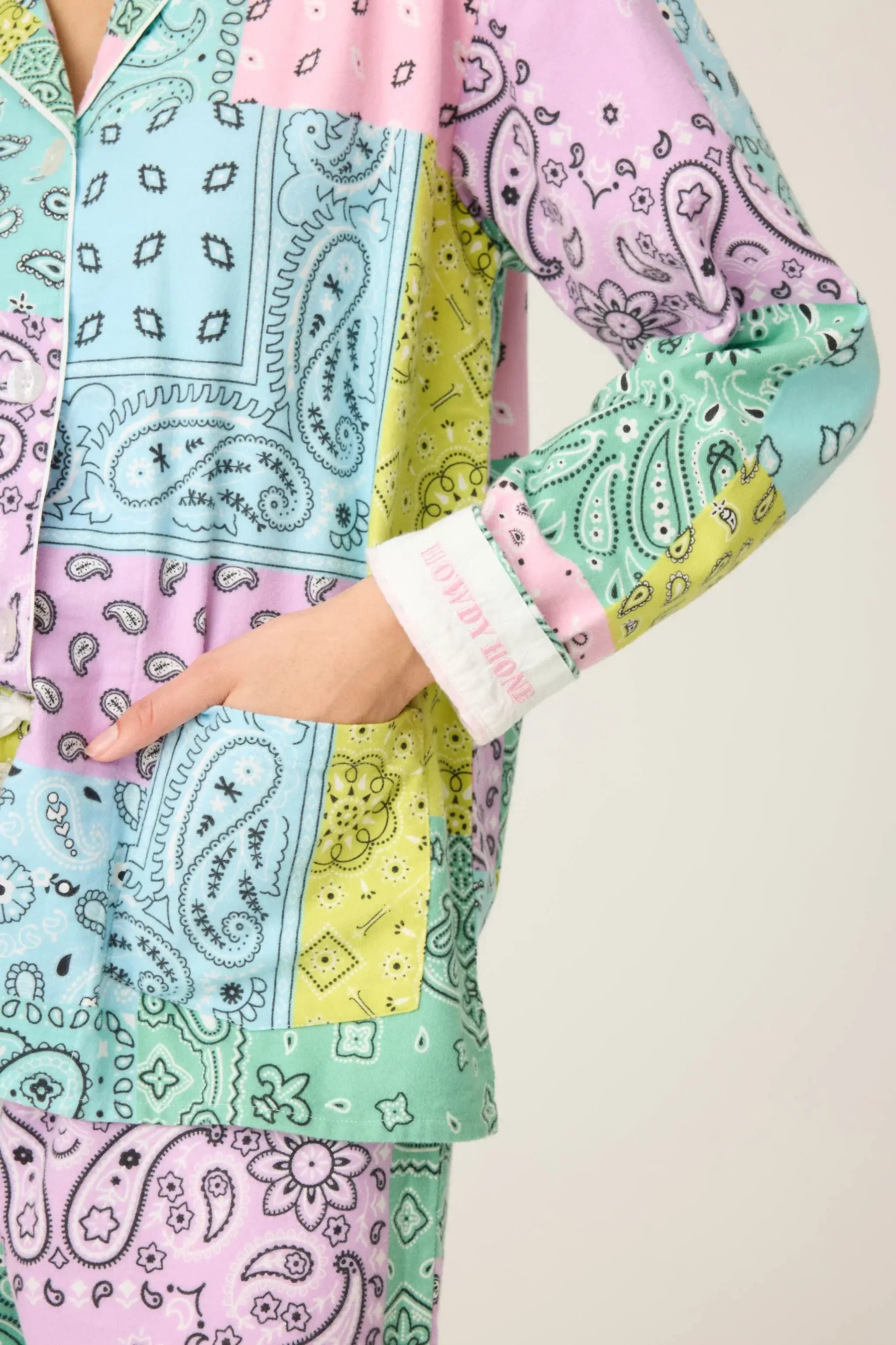 Howdy Honey Paisley Print Flannel PJ Set with pastel colors and playful design from PJ Salvage.