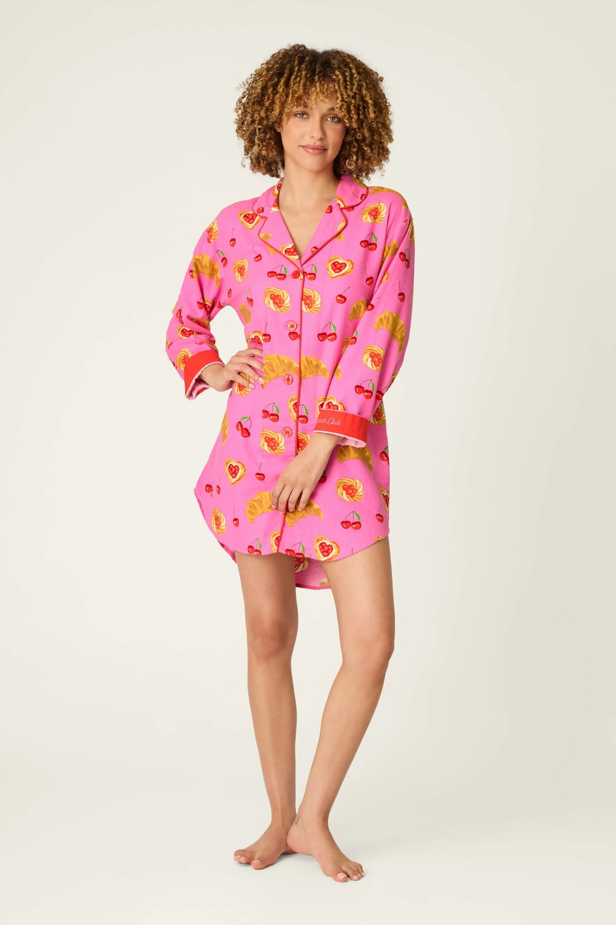 PJ Salvage Sweet Cherry Tart Print Nightshirt front view model — Cloud Nine Pajamas Edmonton