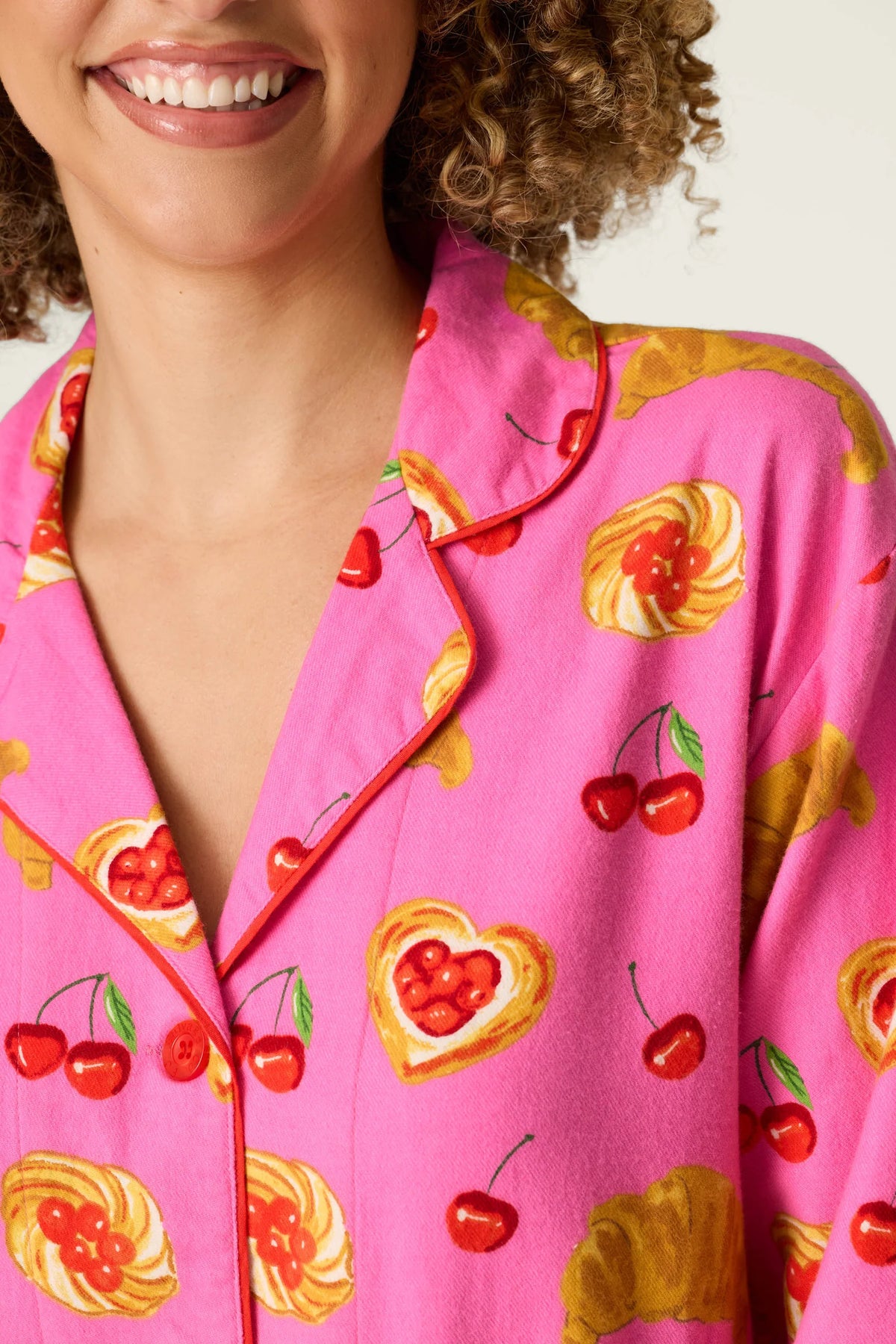 PJ Salvage Sweet Cherry Tart nightshirt cherry pastry print close-up — Cloud Nine Pajamas