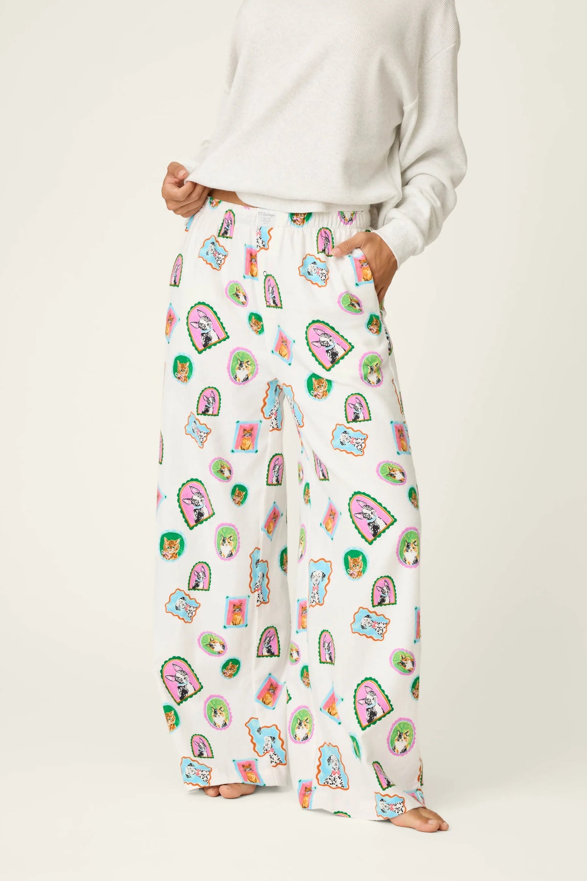 PJ Salvage Picture Purrfect Cat Dog Portraits Flannel Pajama Pants front view model — Cloud Nine Pajamas Edmonton