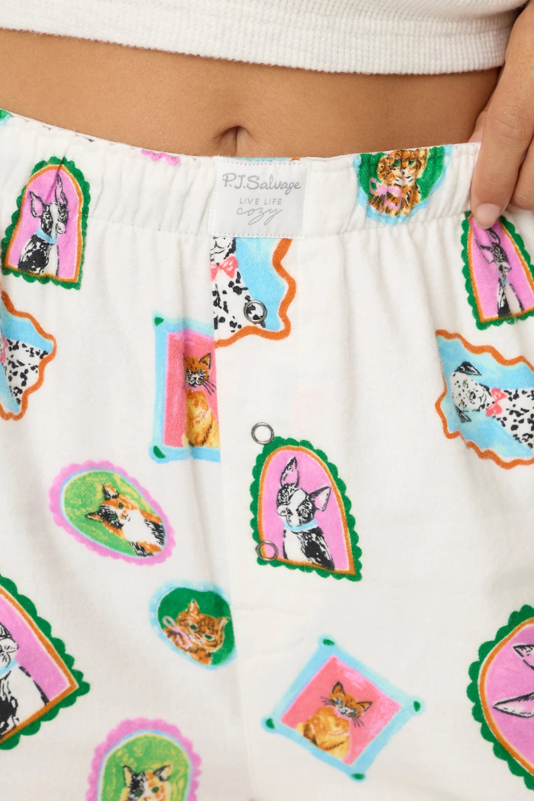 PJ Salvage Picture Purrfect pant waistband and pocket detail — Cloud Nine Pajamas