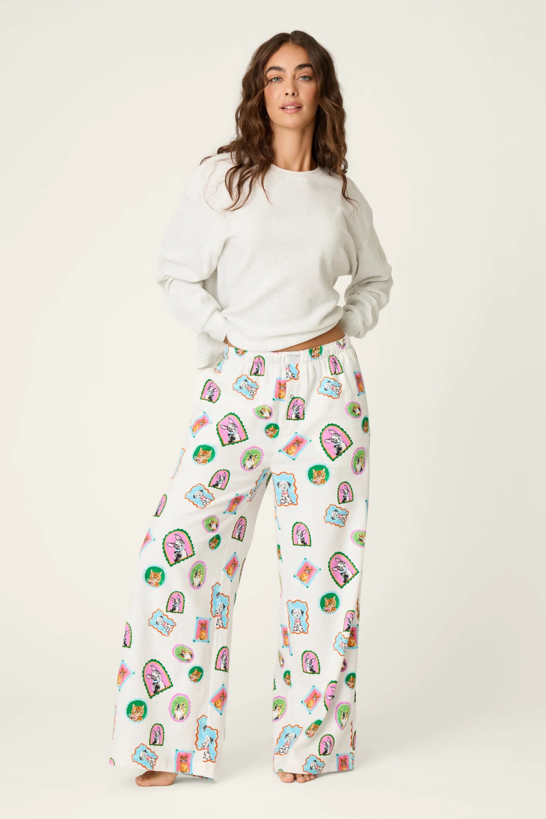 PJ Salvage Picture Purrfect flannel pant wide-leg full length — Cloud Nine Pajamas
