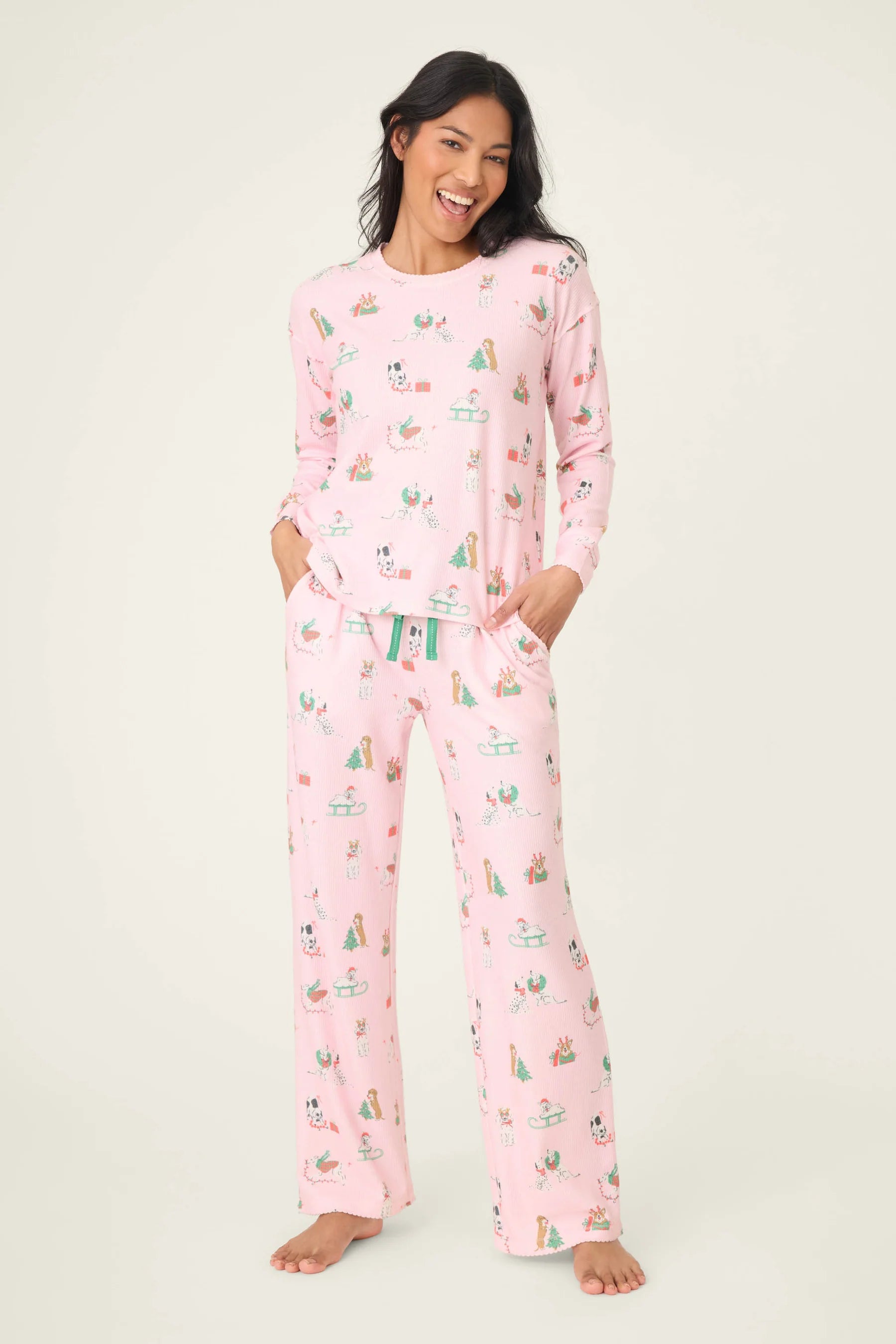 Peace & Pawlidays Dog Print Waffle PJ Set | Pink | PJ Salvage for Women