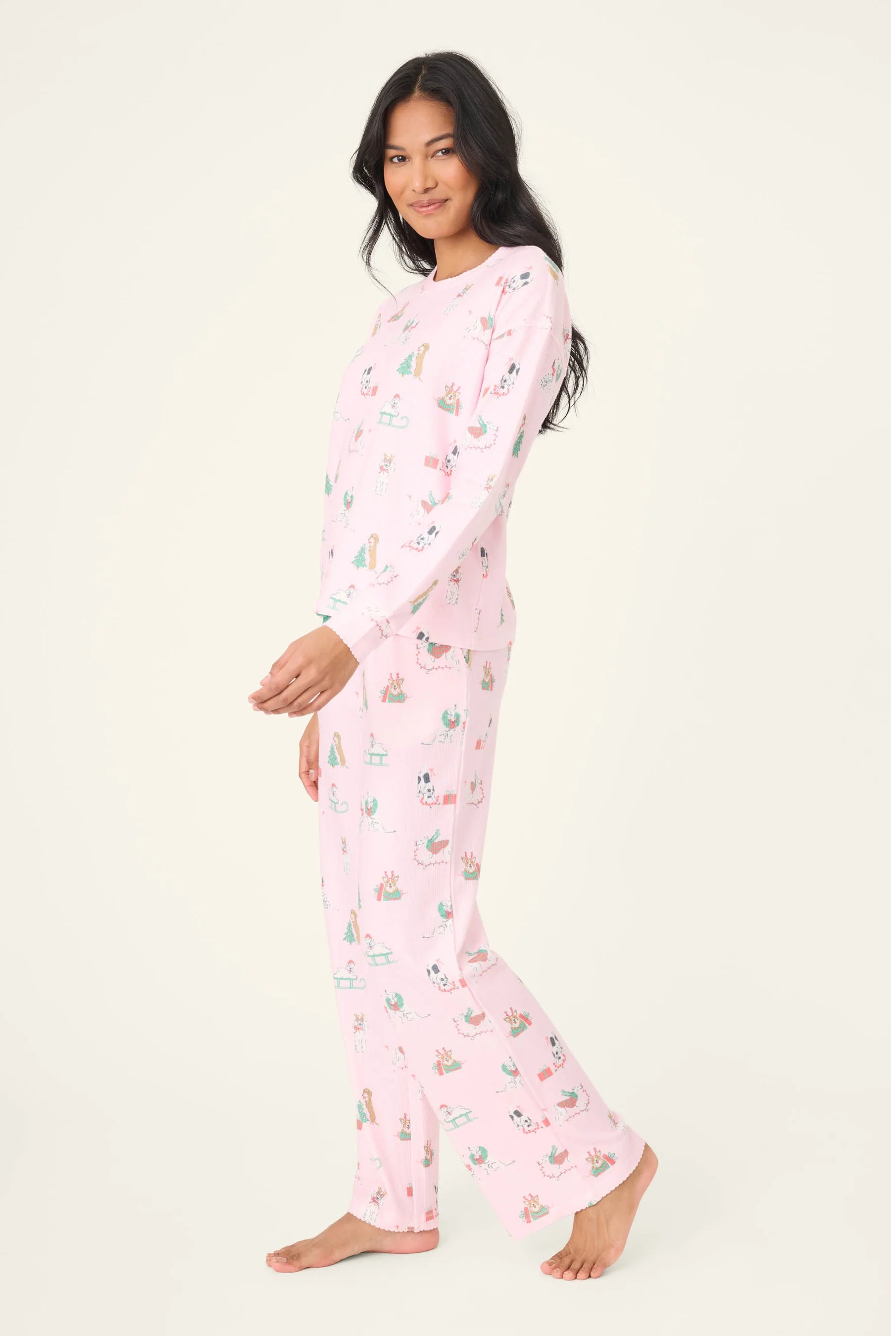 Peace & Pawlidays Dog Print Waffle PJ Set | Pink | PJ Salvage for Women