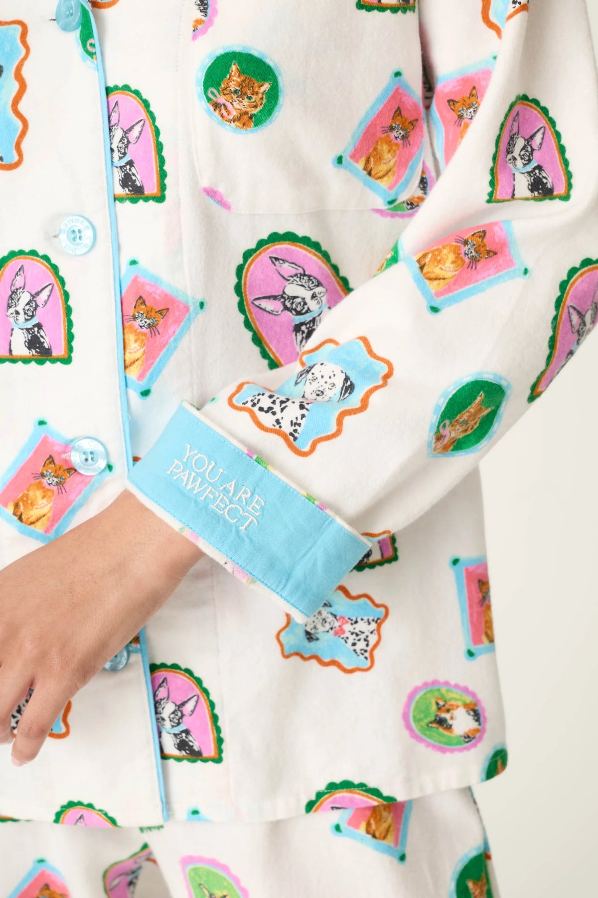 PJ Salvage You Are Pawfect "You Are Pawfect" embroidered cuff close-up — Cloud Nine Pajamas