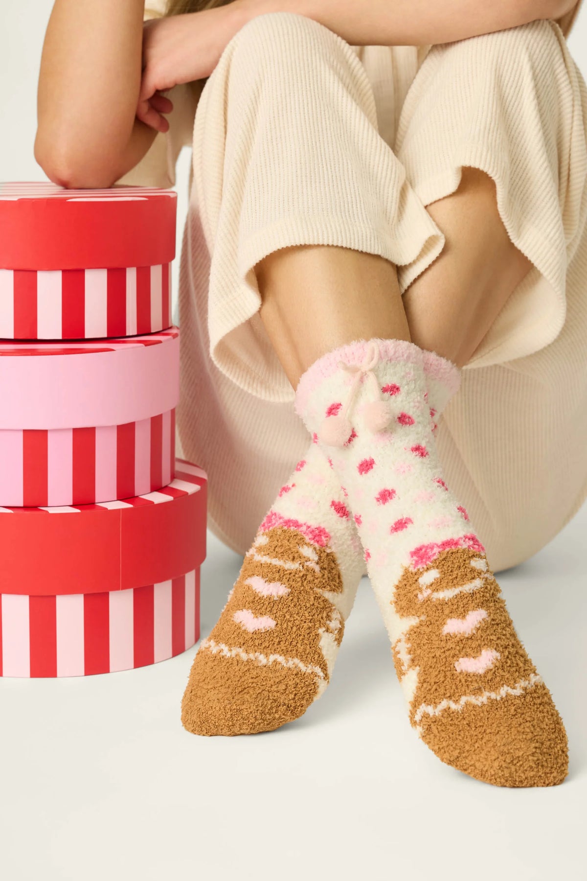 PJ Salvage Gingerbread Girl Polka Dot Socks baby pink fuzzy crew sock product shot — Cloud Nine Pajamas Edmonton