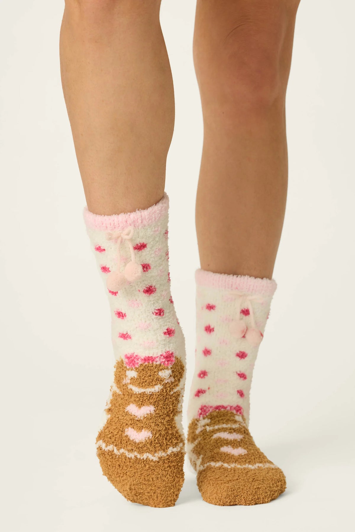 PJ Salvage Gingerbread Girl Socks pink fuzzy bow pom-pom cuff detail — Cloud Nine Pajamas