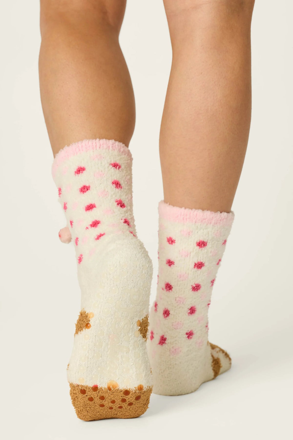 PJ Salvage Gingerbread Girl Socks pink fuzzy bow pom-pom cuff back view — Cloud Nine Pajamas