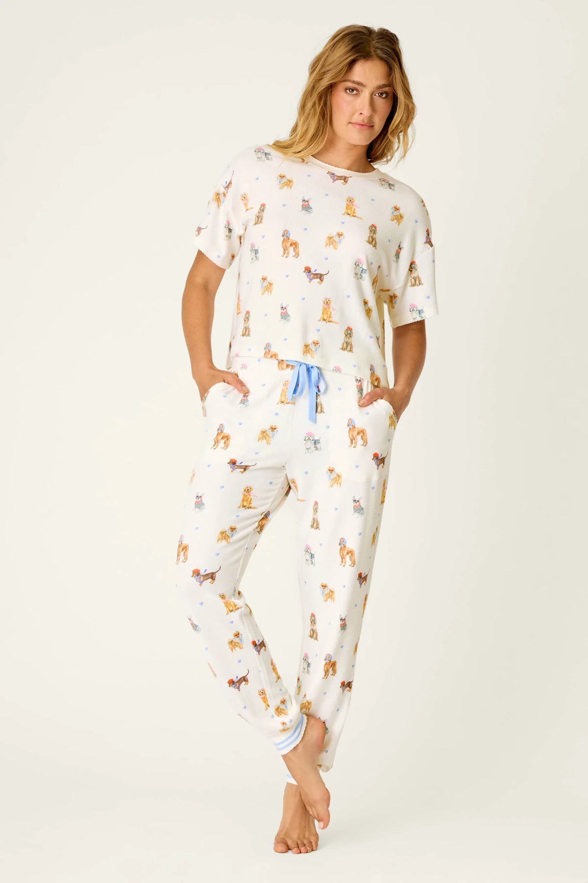 PJ Salvage Meet Me in Pawris peachy jersey set model lifestyle — Cloud Nine Pajamas