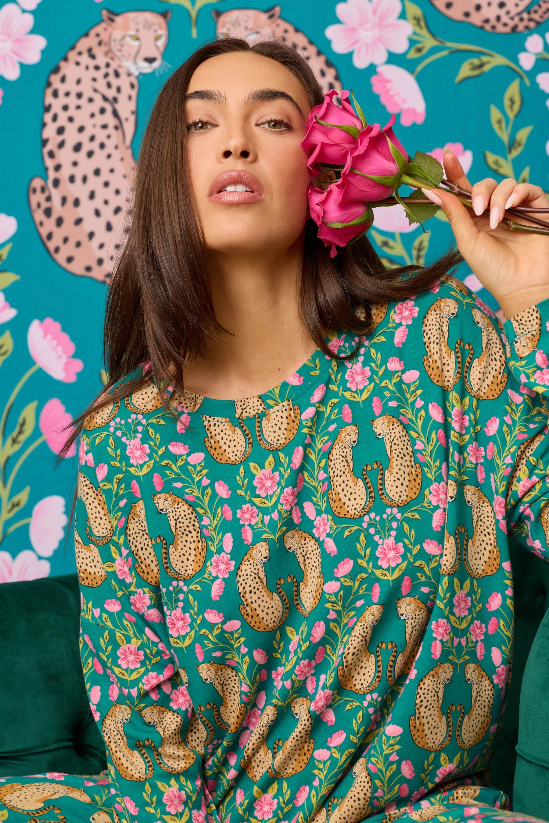 PJ Salvage Cheetah Bonita Dreams set lifestyle model — Cloud Nine Pajamas Edmonton