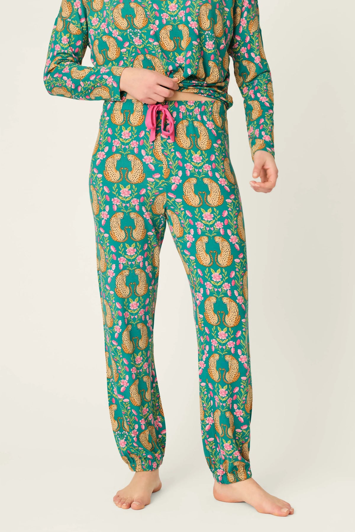 PJ Salvage Cheetah Bonita Dreams teal modal jogger set front detail — Cloud Nine Pajamas