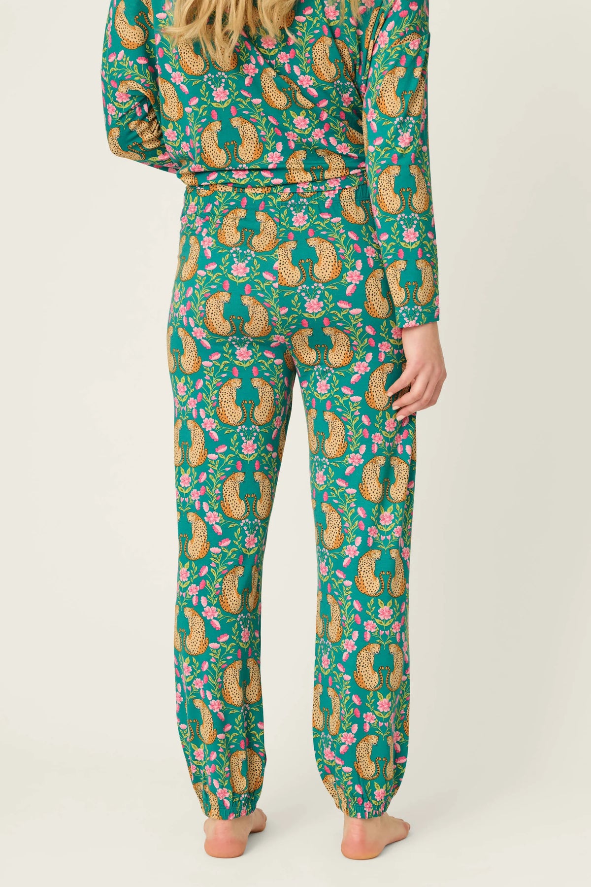 PJ Salvage Cheetah Bonita Dreams set model back view — Cloud Nine Pajamas