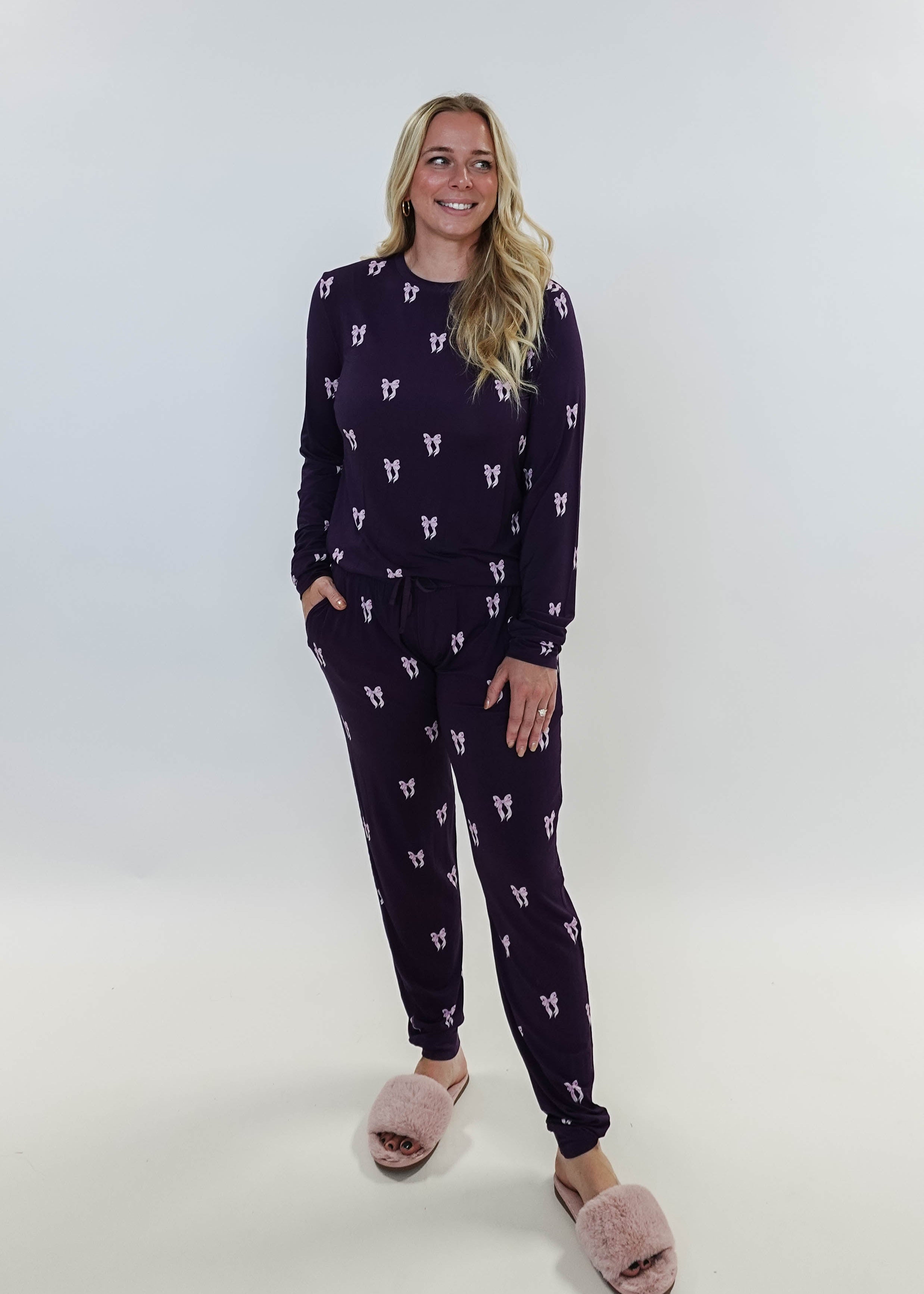 Purple Bows Print Long Sleeve & Jogger Bamboo PJ Set by Georgia Rylan
