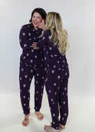 Purple Bows Print Long Sleeve & Jogger Bamboo PJ Set - two models on white background whispering a secret!