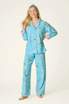 PJ Salvage Paws and Relax Pampered Cat 3-Piece Flannel Set front view on model — Cloud Nine Pajamas Edmonton