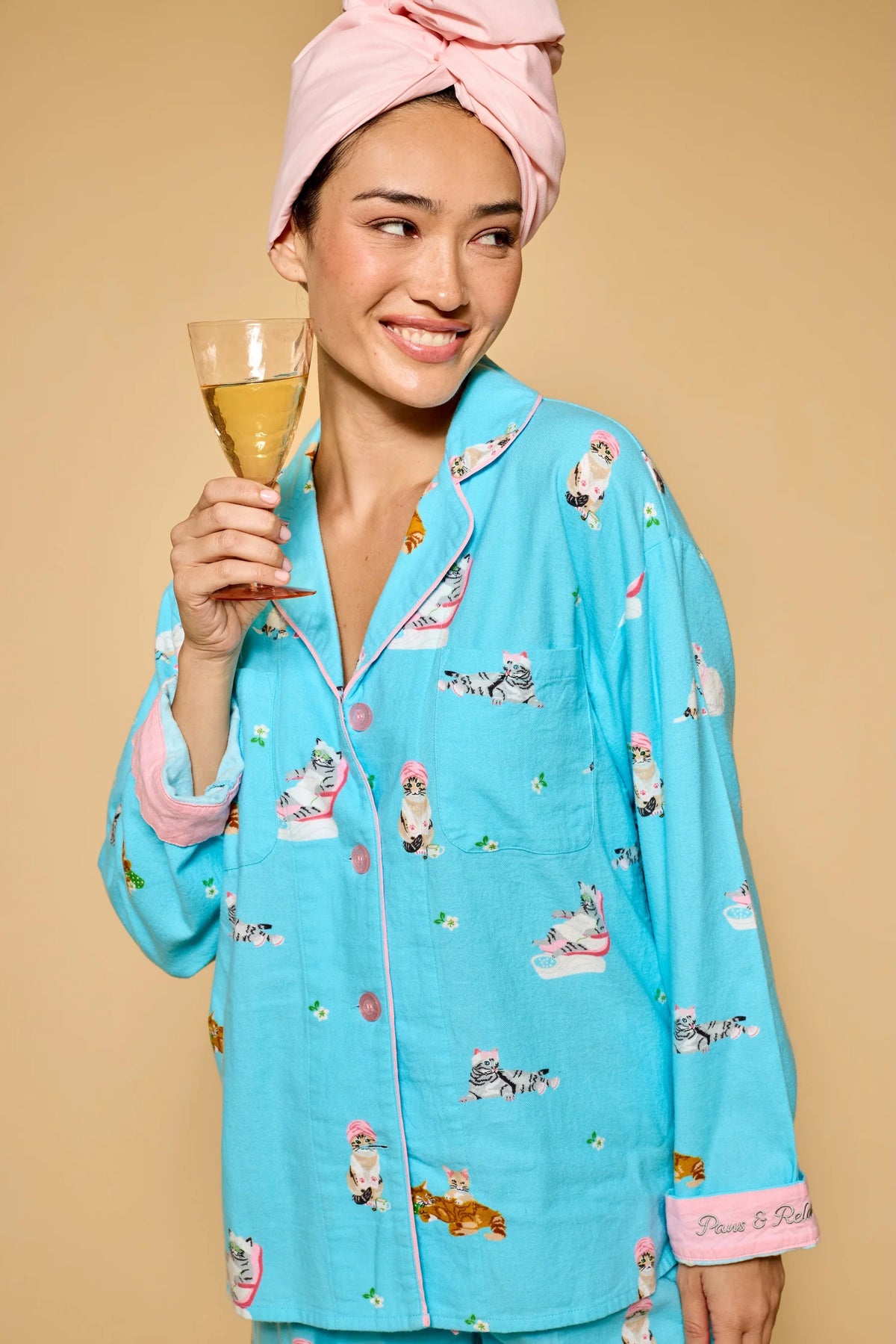 PJ Salvage Pampered Cat Flannel Set model lifestyle drinking out of a glass — Cloud Nine Pajamas Edmonton