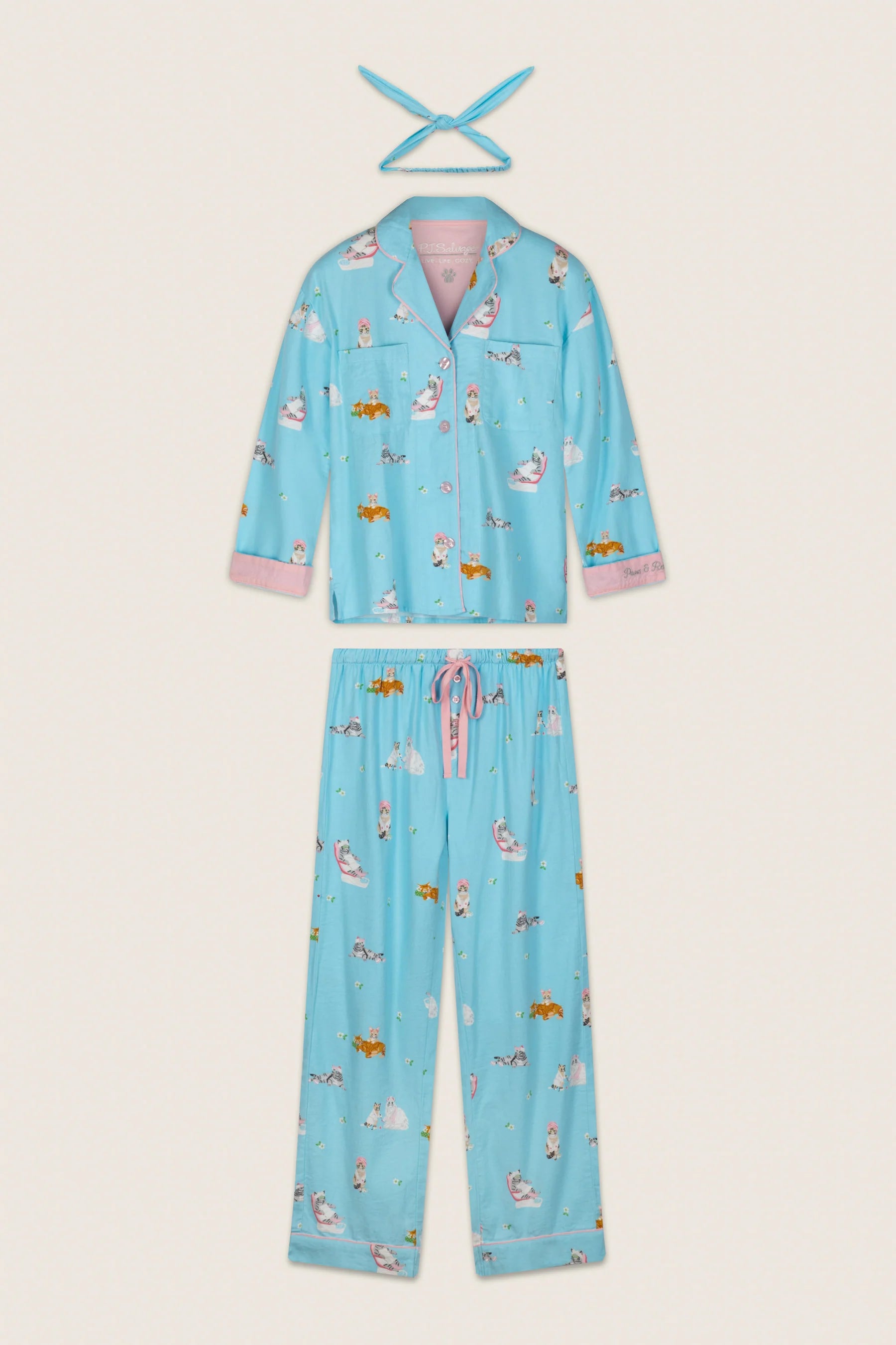 PJ Salvage Paws and Relax Pampered Cat 3-Piece Flannel Set front view flat lay - Cloud Nine Pajamas Edmonton