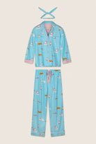PJ Salvage Paws and Relax Pampered Cat 3-Piece Flannel Set front view flat lay - Cloud Nine Pajamas Edmonton