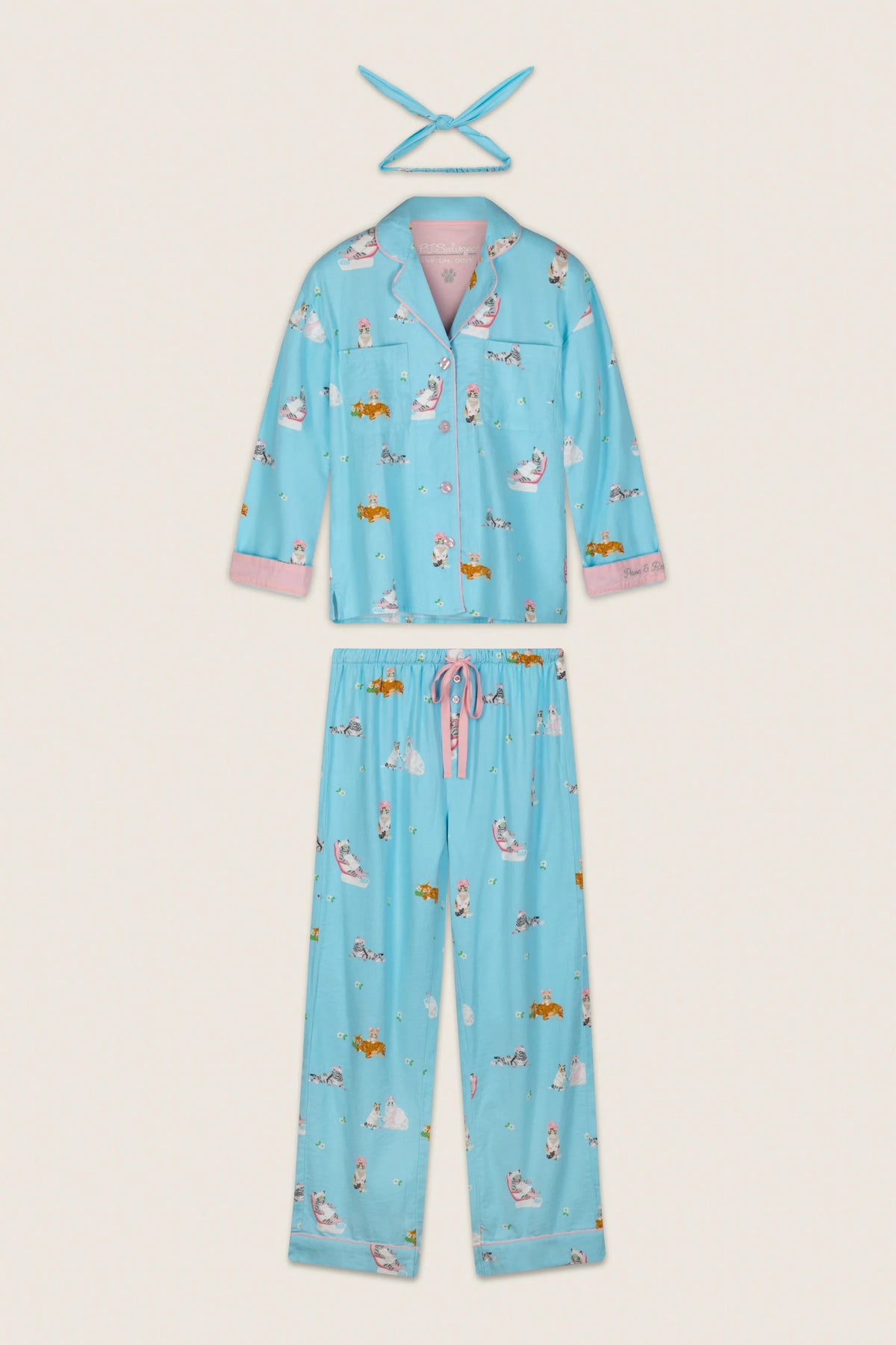 PJ Salvage Paws and Relax Pampered Cat 3-Piece Flannel Set front view flat lay - Cloud Nine Pajamas Edmonton