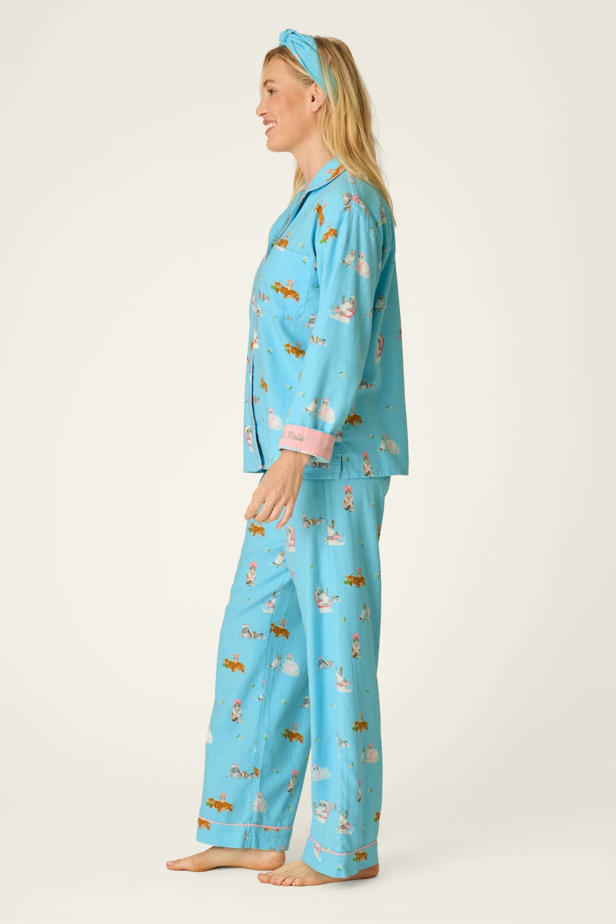 PJ Salvage Pampered Cat Flannel Set model side view — Cloud Nine Pajamas