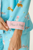 PJ Salvage Pampered Cat Flannel Set top embroidered cuff Paws and Relax detail — Cloud Nine Pajamas