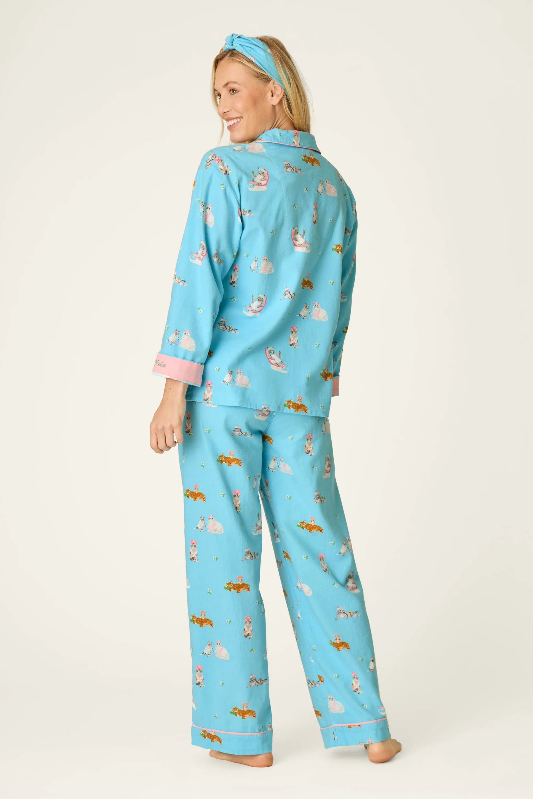 PJ Salvage Pampered Cat Flannel Set model back view — Cloud Nine Pajamas Edmonton