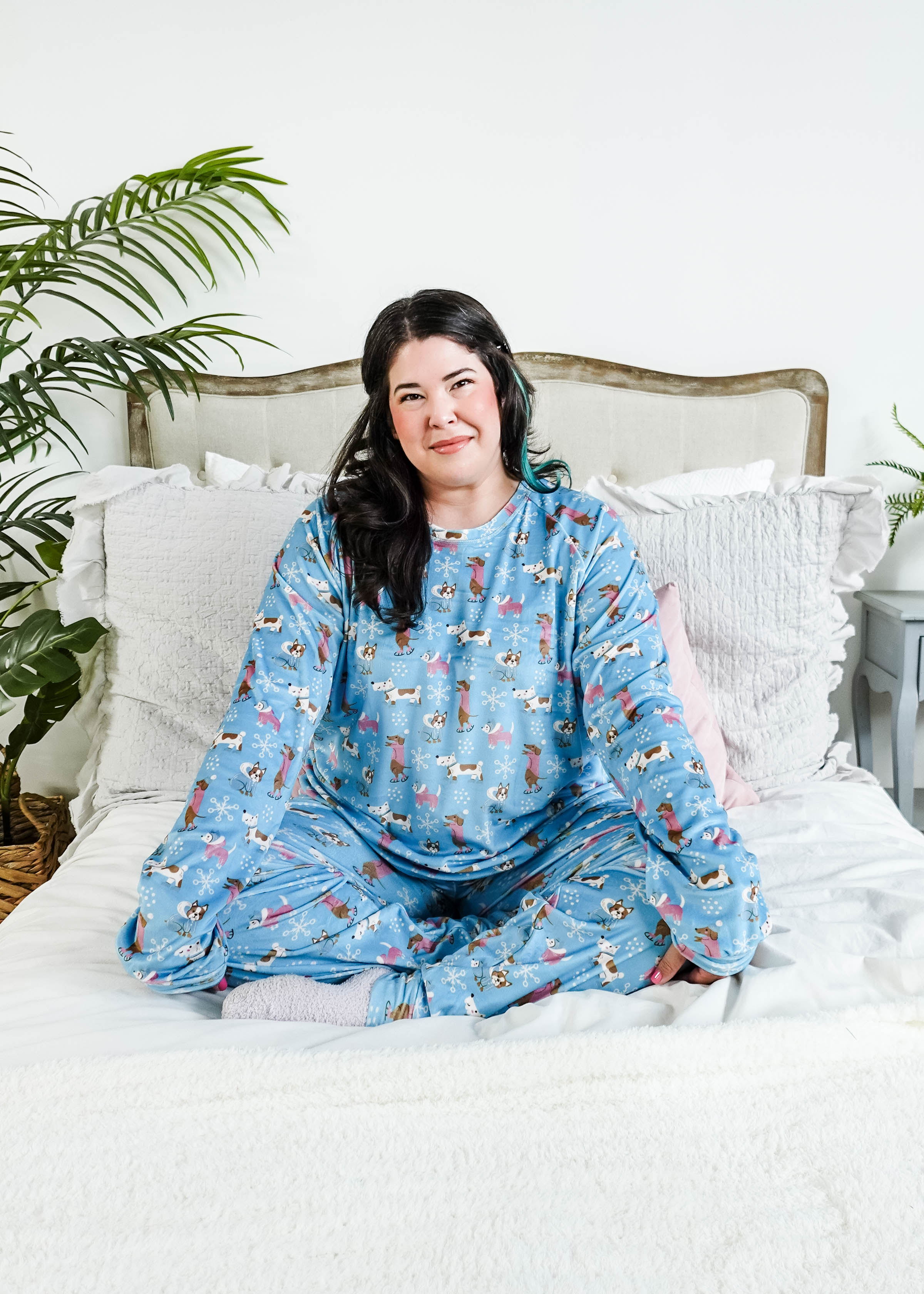 women's dogs on ice skates print velour top and jogger set on blue background - Miranda Nic