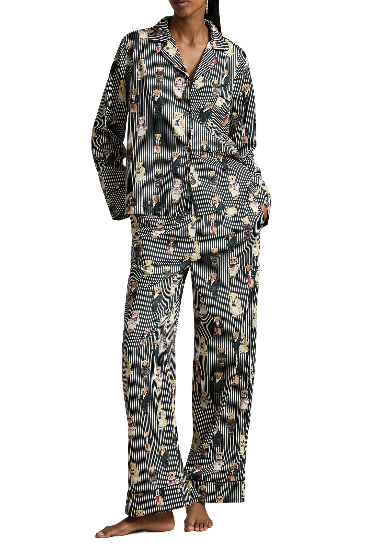 Polo Ralph Lauren Madison Bear Striped Cotton Sateen Pajama Set front view on model — Cloud Nine Pajamas Edmonton