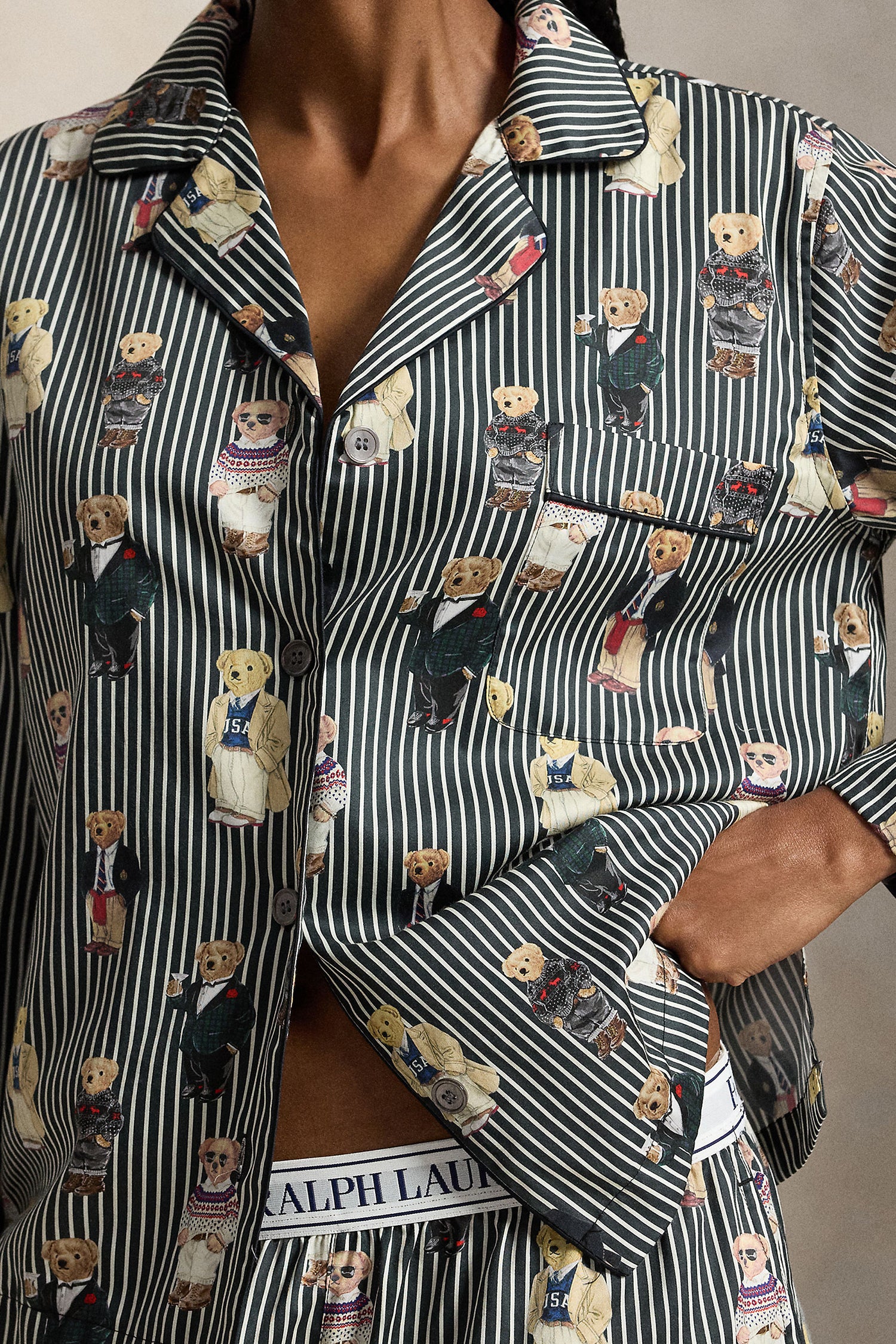 Polo Ralph Lauren Madison Bear Pajama Set notch collar and button placket detail — Cloud Nine Pajamas