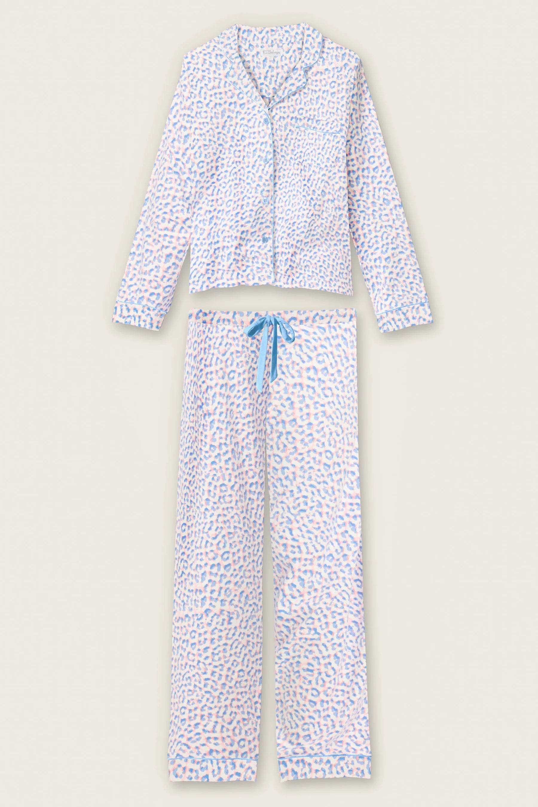 Whimsy Walk On The Wild Side PJ Set featuring a leopard print design in sky-blue and soft-coral colors.