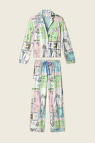 Whimsy Postcards From Paris PJ Set featuring pastel sketches of Parisian landmarks and cafés from PJ Salvage.