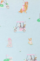PJ SALVAGE Whimsy Cropped PJ Set in Light Blue Putter Pup print showing dogs golfing. Close up of the print