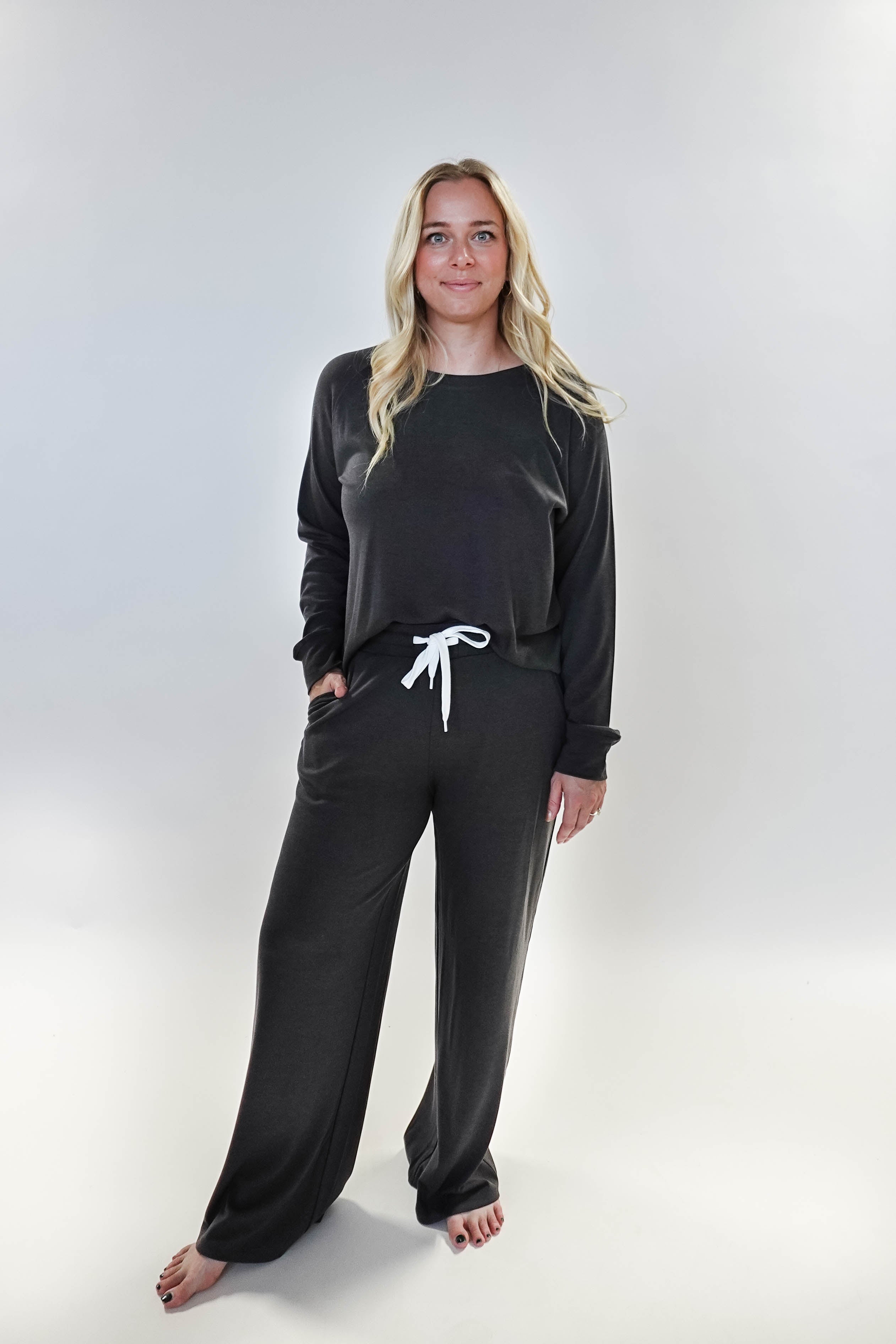 women's bamboo blend lounge set casual long sleeve top and straight pant MIRANDA NIC Charcoal Grey
