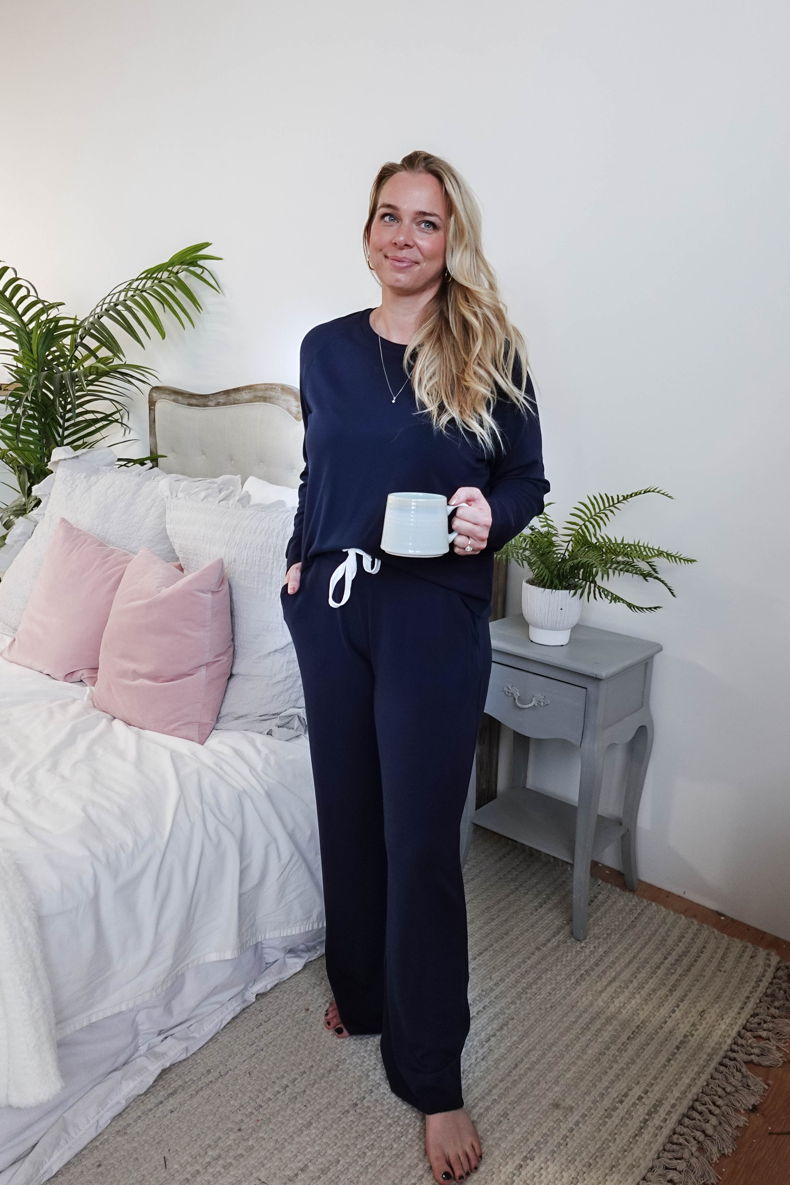 women's bamboo blend lounge set casual long sleeve top and straight pant MIRANDA NIC Navy Blue