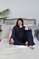 women's bamboo blend lounge set casual long sleeve top and straight pant MIRANDA NIC navy blue