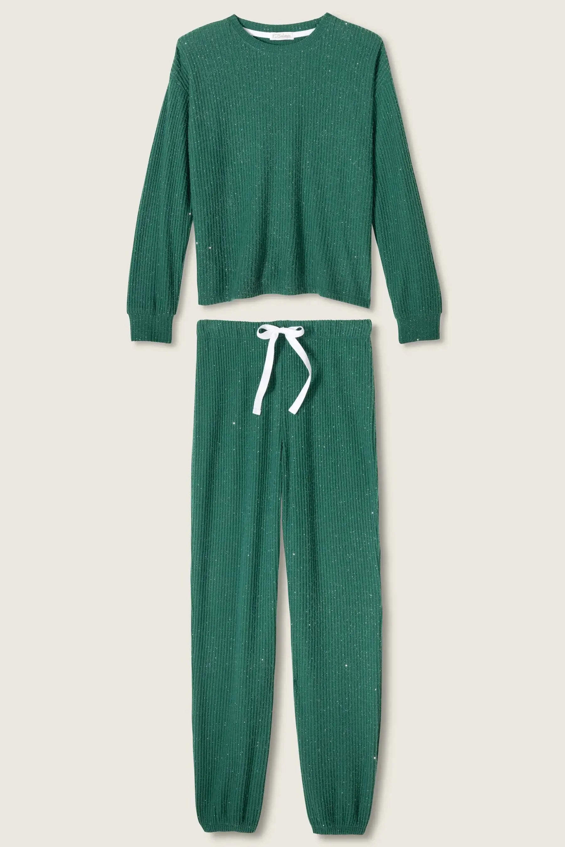 Forest Green Fireside Sparkle Brushed Thermal PJ Set | Long Sleeve Top & Jogger Pants | PJ Salvage