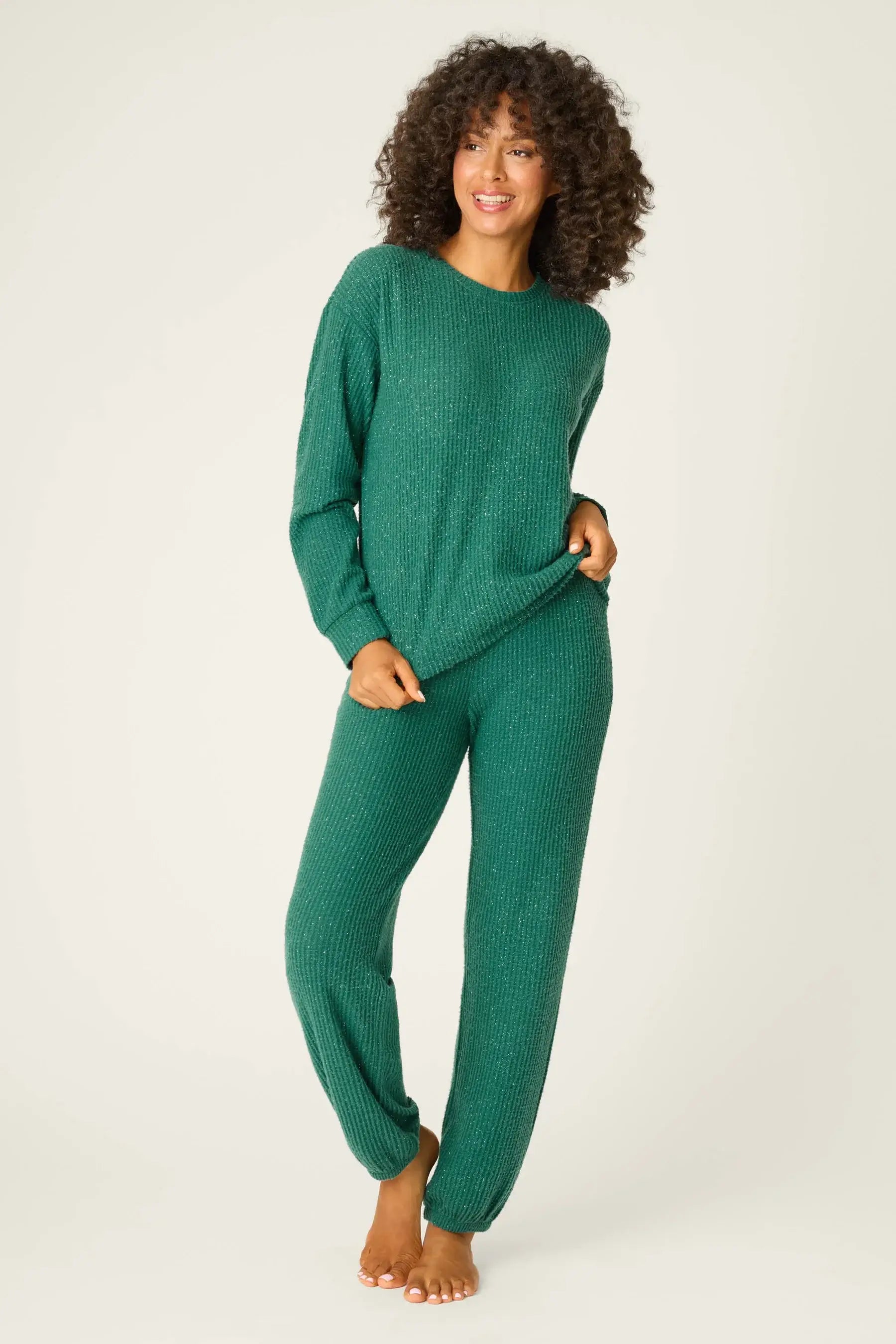 Forest Green Fireside Sparkle Brushed Thermal PJ Set | Long Sleeve Top & Jogger Pants | PJ Salvage