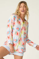 Frutta Fresca Summer Harvest Button Up Top & Short Set PJ Salvage model wearing colorful loungewear outfit.