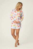 Frutta Fresca Summer Harvest Button Up Top & Short Set PJ Salvage modeled by a woman, colorful summer design.
