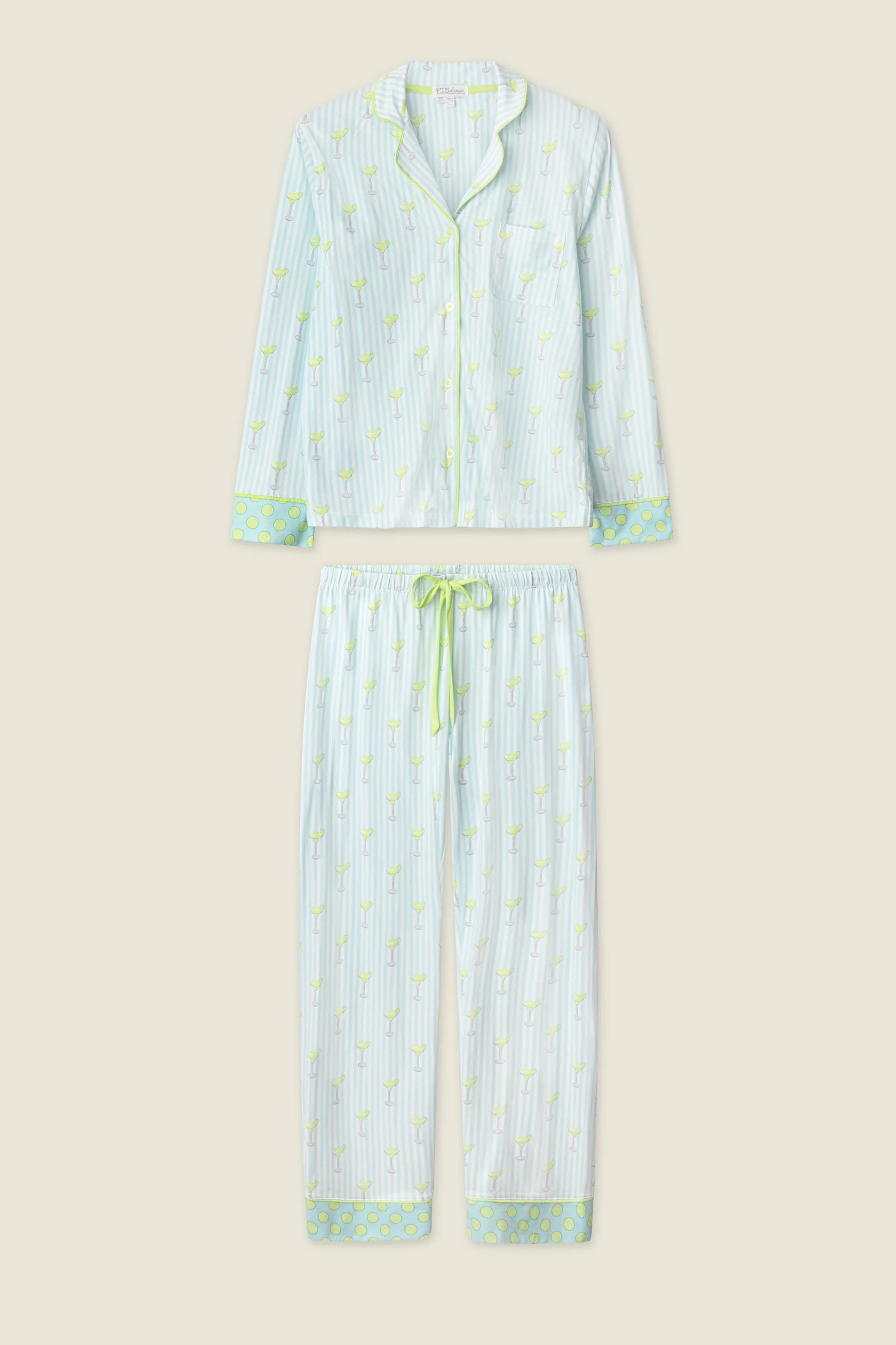Playful Prints Cotton-Modal Long Sleeve Pajama Set by PJ Salvage featuring a light green striped design.