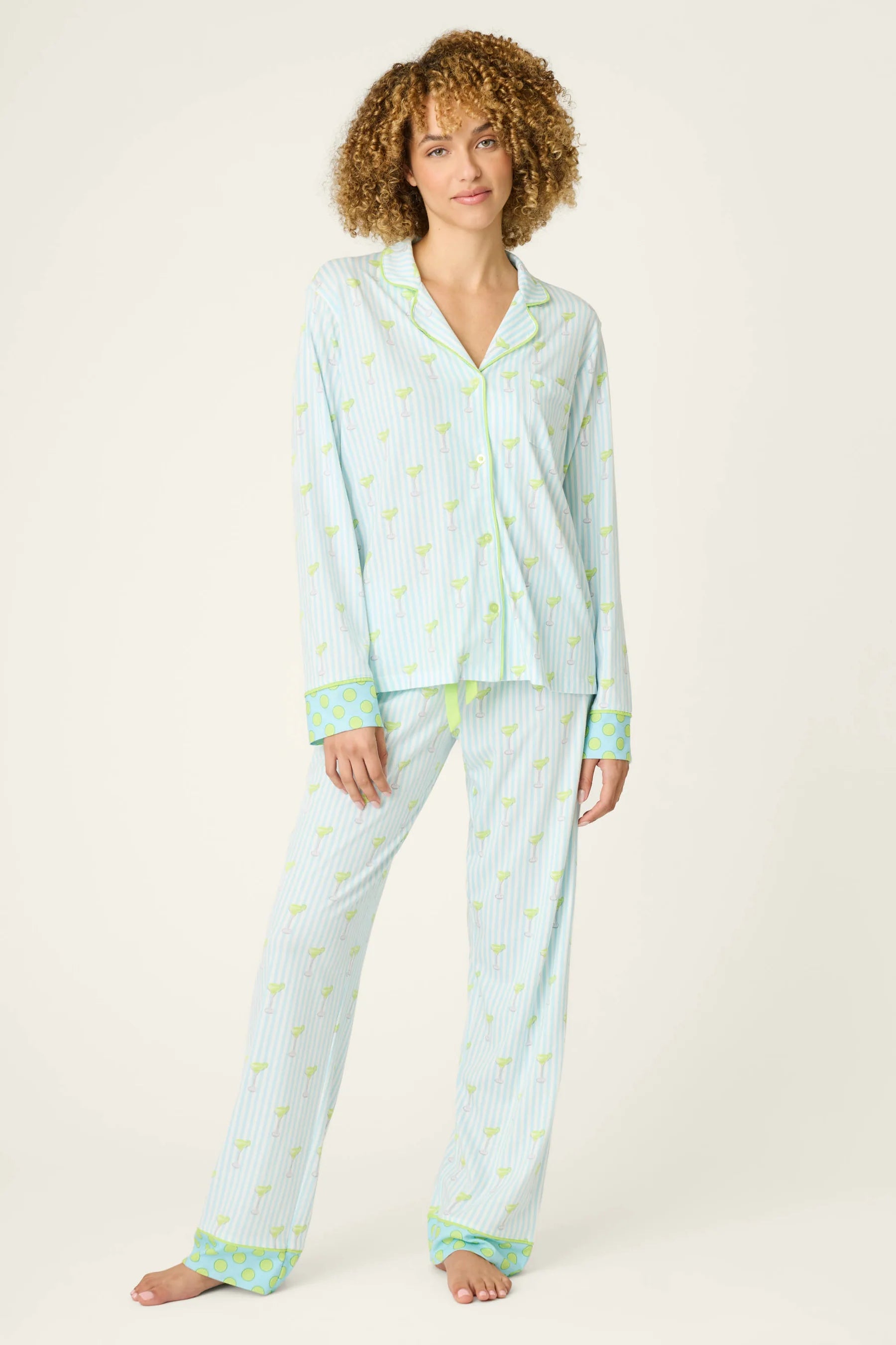 Playful Prints Cotton-Modal Long Sleeve Pajama Set by PJ Salvage in Salty Cadillac Light Blue Margarita Print