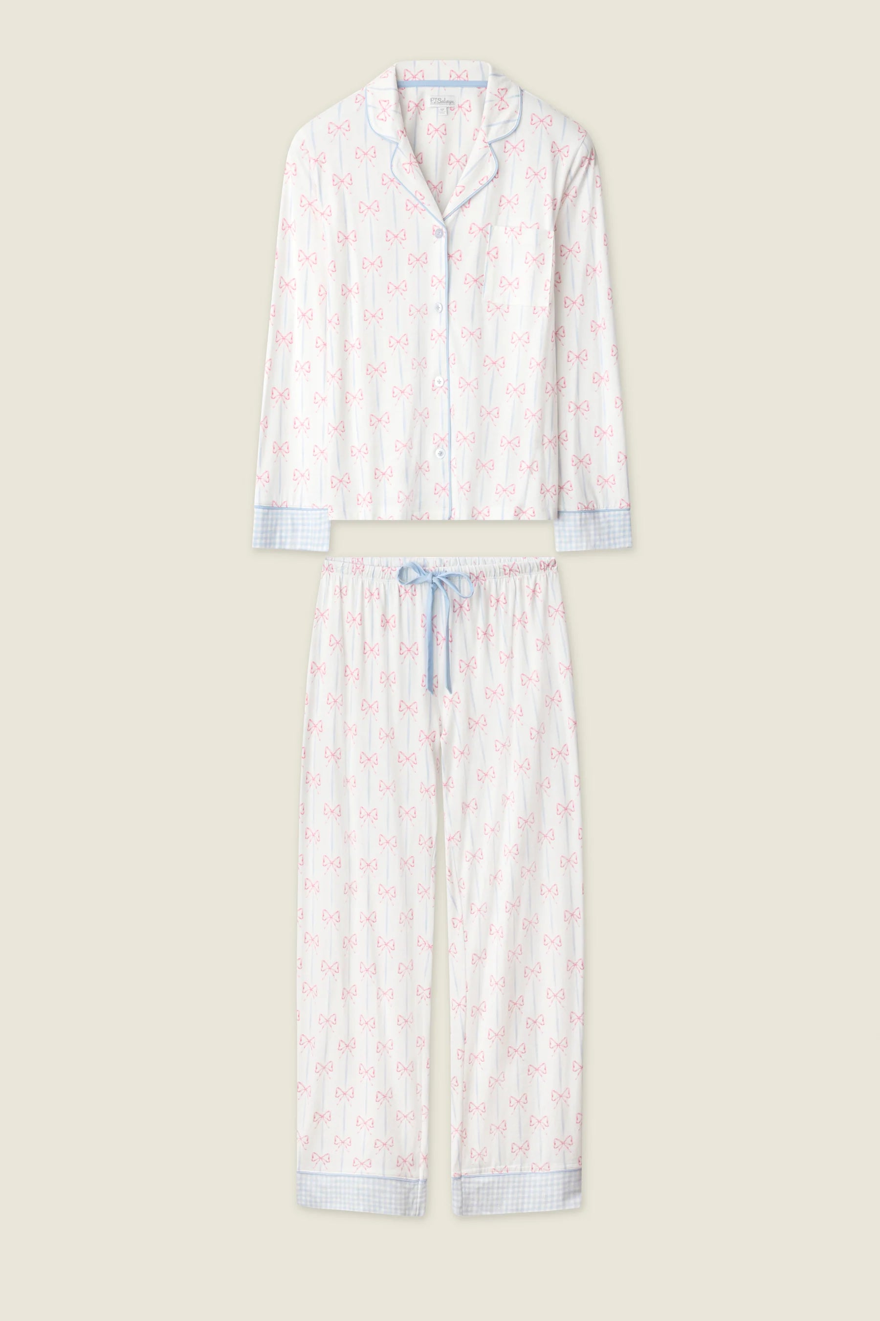 Playful Prints Cotton-Modal Long Sleeve Pajama Set by PJ Salvage displayed on a beige background.