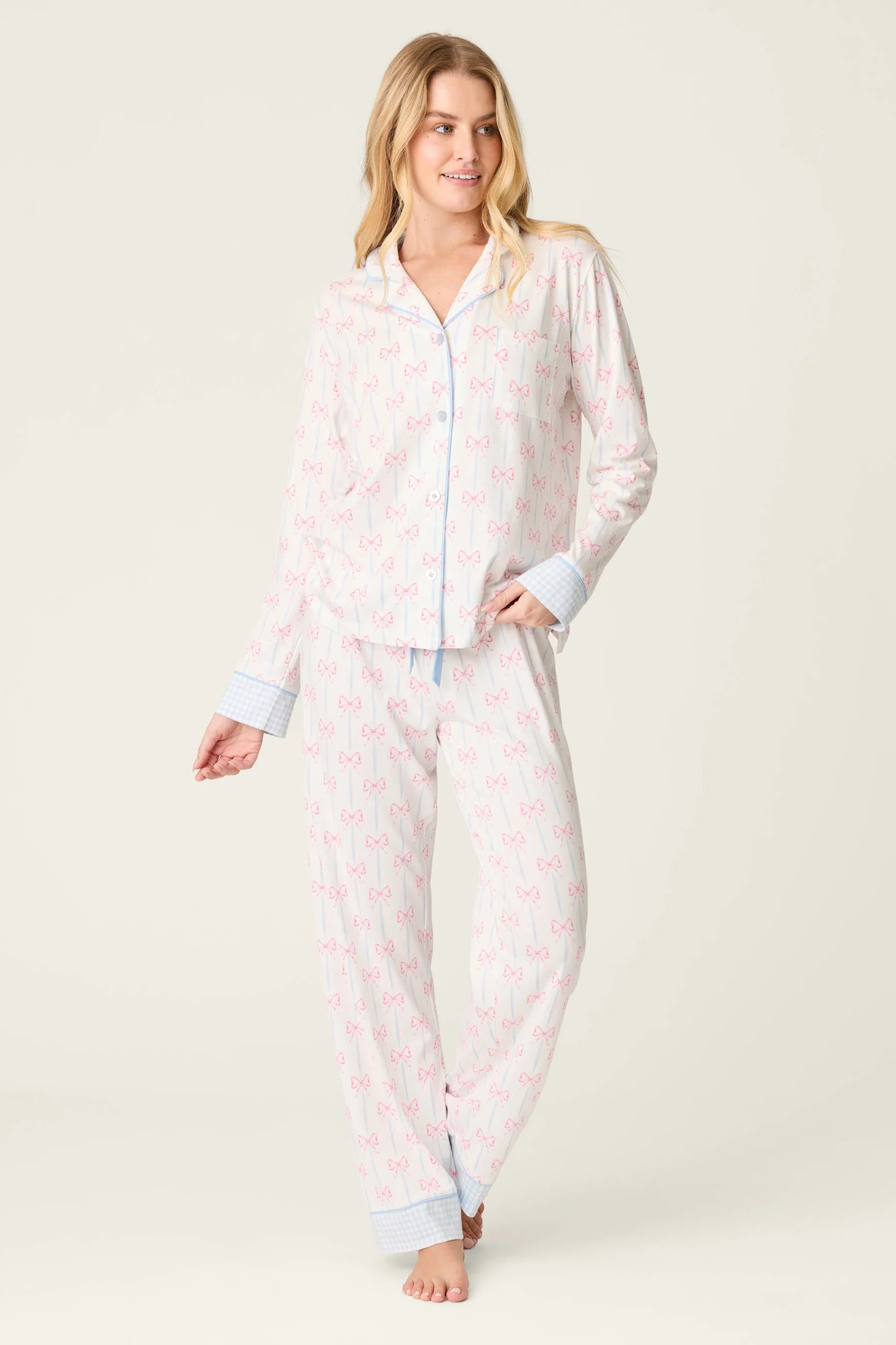Playful Prints Cotton-Modal Long Sleeve Pajama Set by PJ Salvage in All Wrapped Up Pink Bow Print
