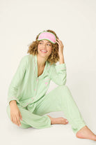 Pupcation Palms Vacay Mode Kiwi Stripe 3-Piece PJ Set PJ Salvage model wearing set with eye mask