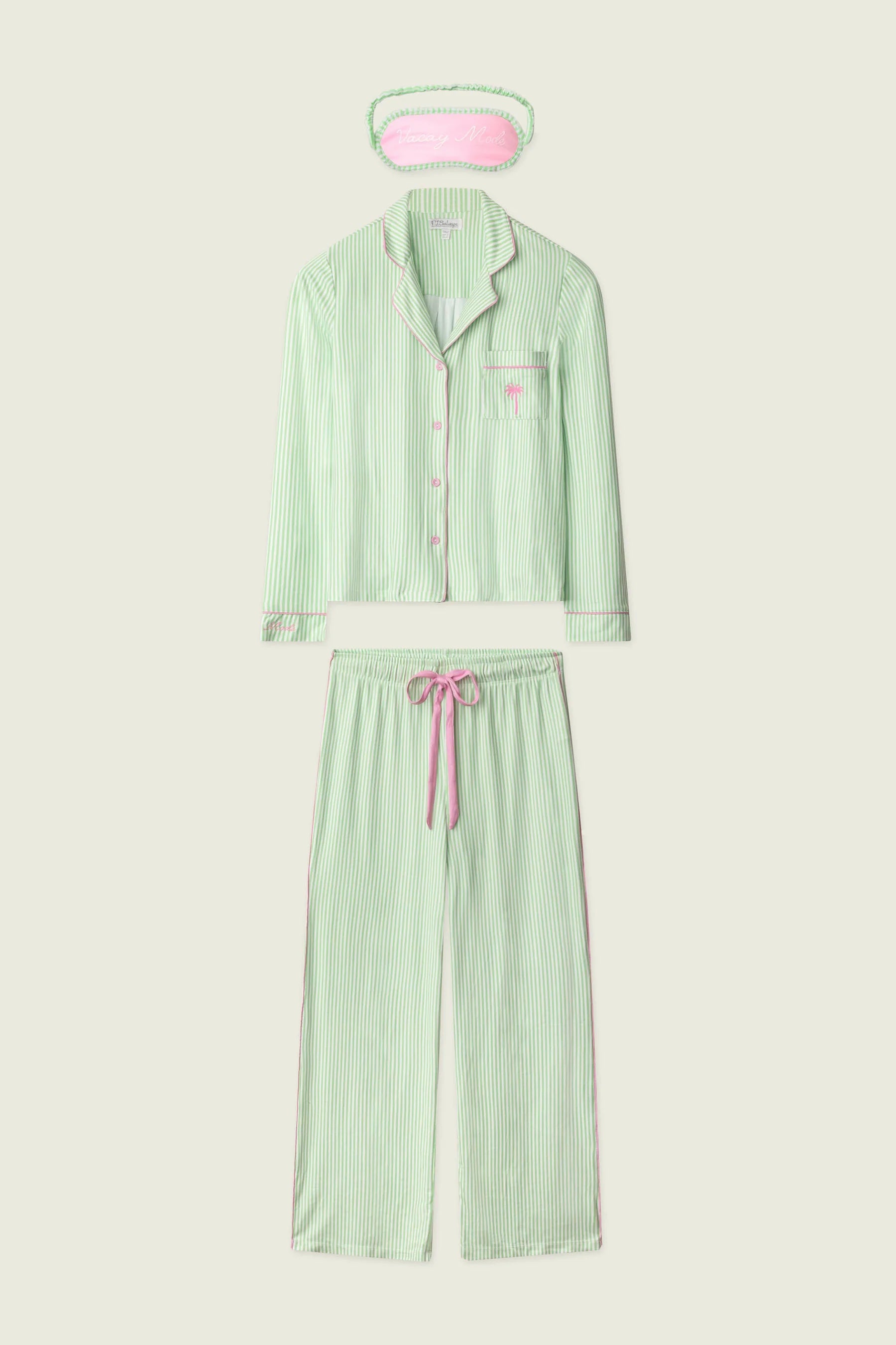 Pupcation Palms Vacay Mode Kiwi Stripe 3-Piece PJ Set PJ Salvage featuring a top, pants, and sleep mask.