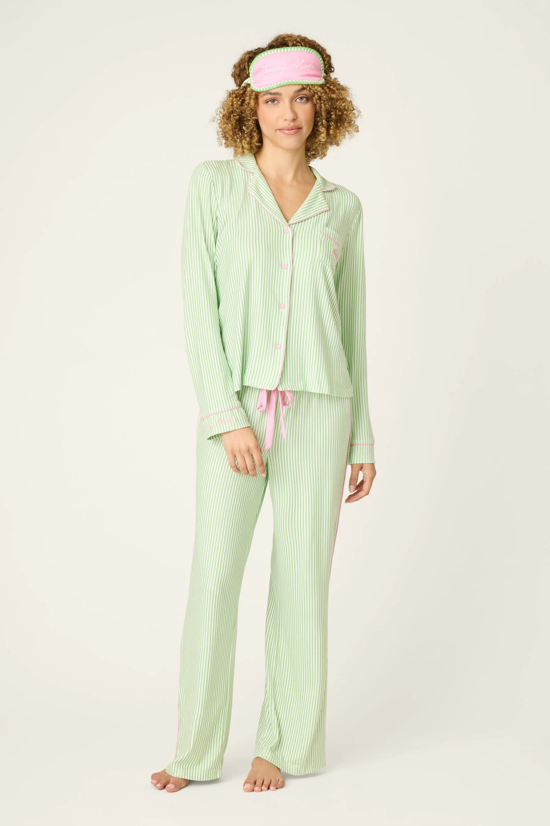 Pupcation Palms Vacay Mode Kiwi Stripe 3-Piece PJ Set PJ Salvage model wearing green pajamas with headband.