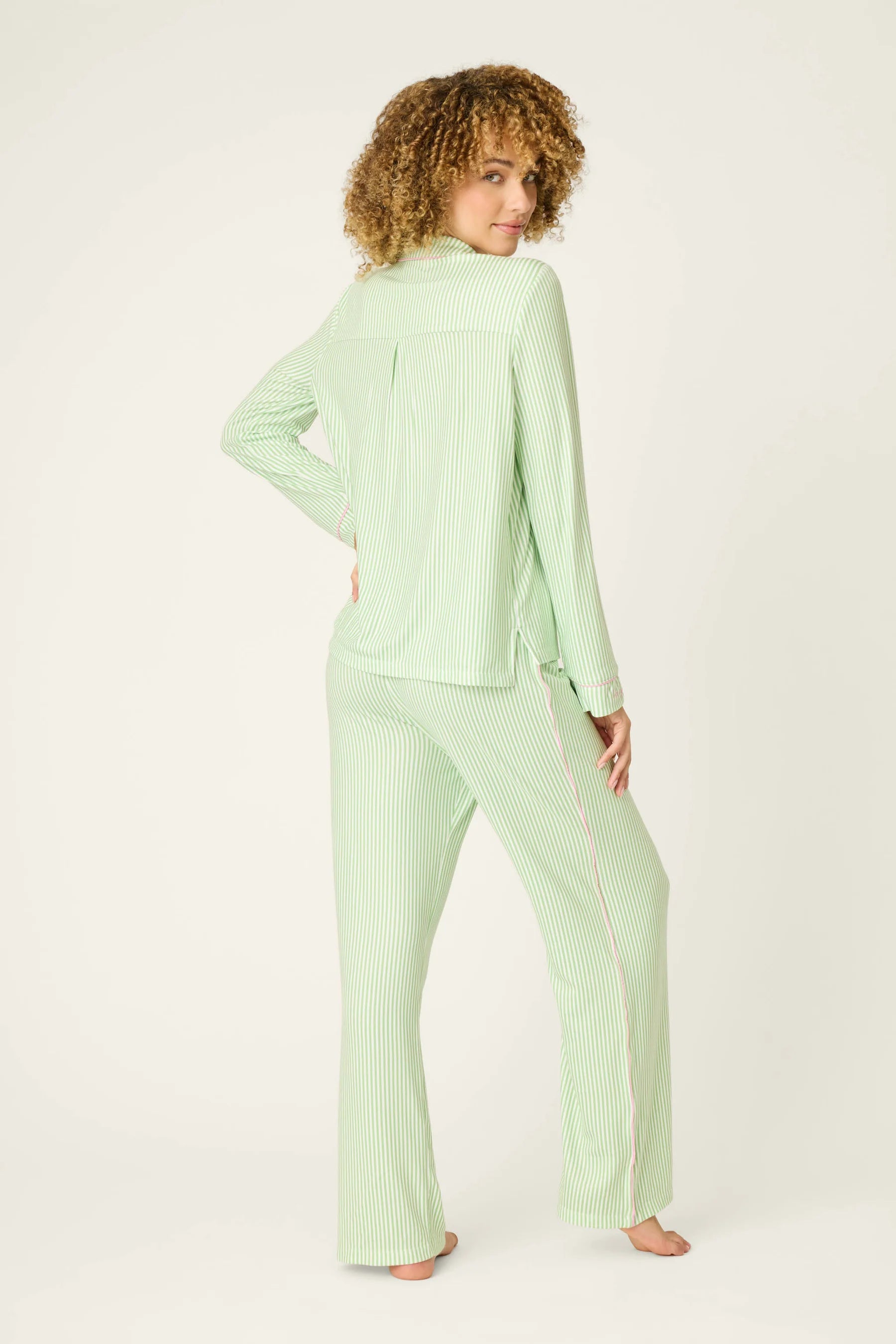 Pupcation Palms Vacay Mode Kiwi Stripe 3-Piece PJ Set PJ Salvage model showcasing the back view in a soft green shade.