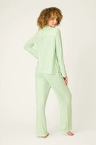 Pupcation Palms Vacay Mode Kiwi Stripe 3-Piece PJ Set PJ Salvage model showcasing the back view in a soft green shade.
