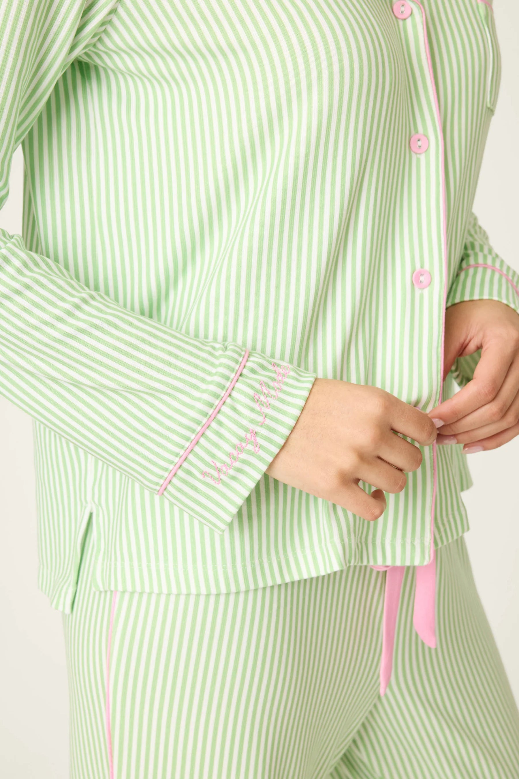 Pupcation Palms Vacay Mode Kiwi Stripe 3-Piece PJ Set PJ Salvage featuring green and pink striped sleepwear.
